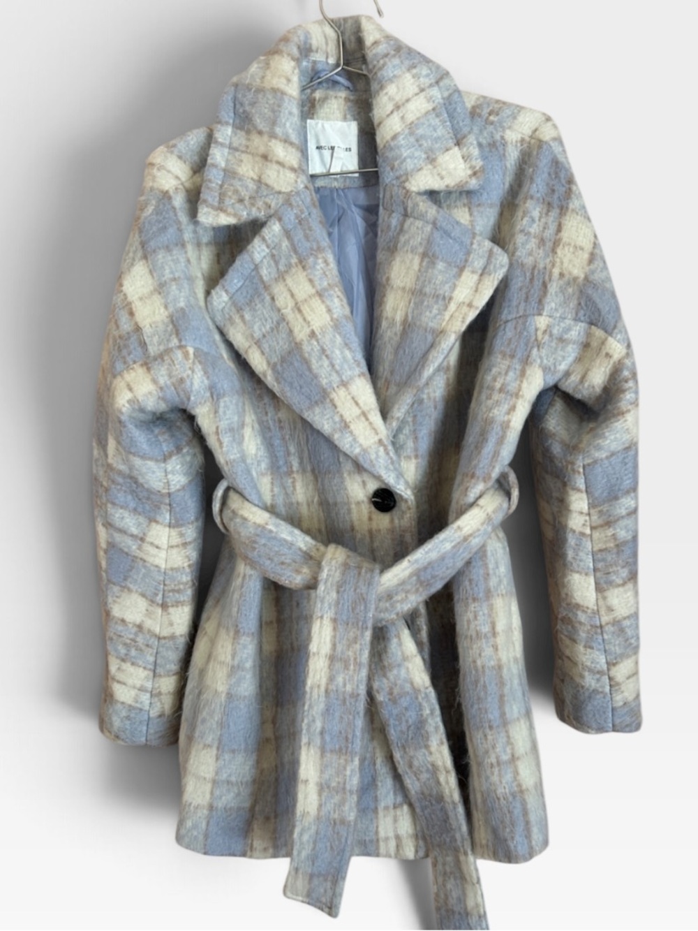 AVEC LES FILLES Plaid Belted Wool-Blend Coat Jacket - Blue & Cream SMALL